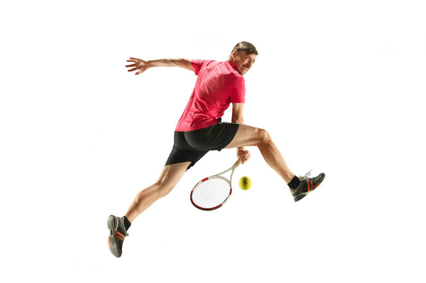 one caucasian man playing tennis player isolated on white background - Foto, afbeelding