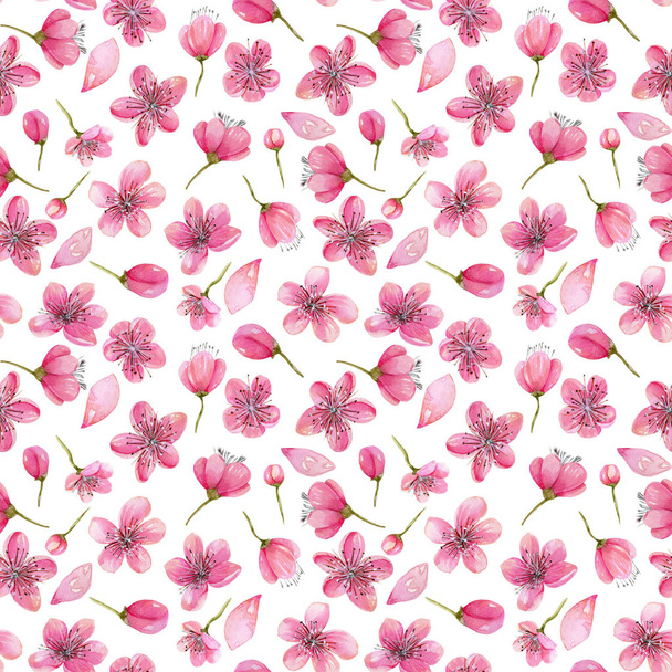 Watercolor spring cherry tree flowers seamless pattern, hand painted on a white background - Photo, image