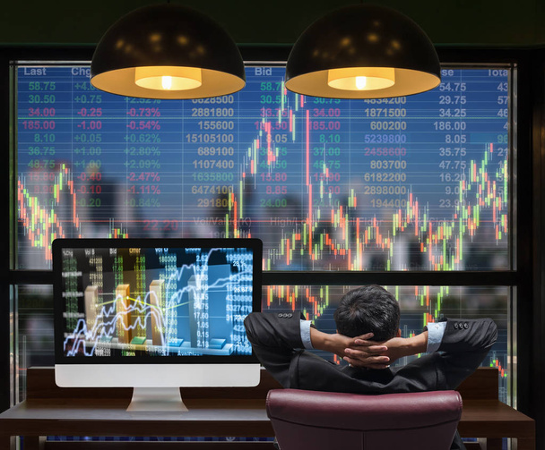 Face arrière de l'homme d'affaires assis qui regarde grand écran et ordinateur de bureau montrant le graphique de trading de fond de graphique de bourse
 - Photo, image