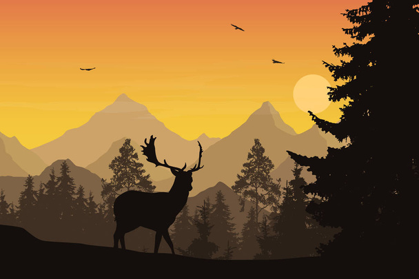 Ilustracja wektorowa krajobraz górski z lasu i jelenie w pomarańczowe niebo, chmury, słońce i latające ptaki - Wektor, obraz