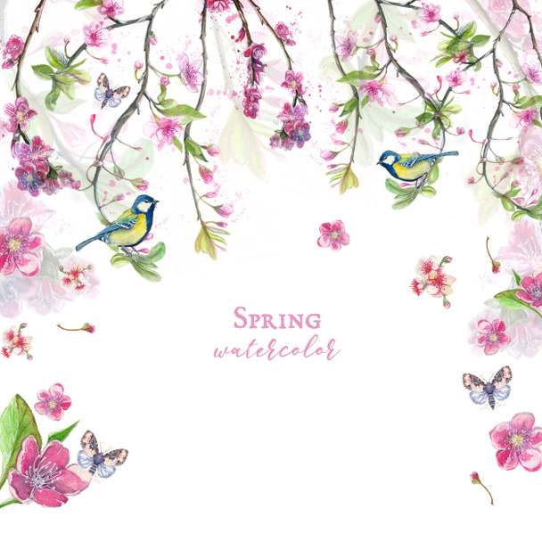 Aquarel tekening van cherry kersenbloesem cherry blossoms, roze bloemen, zachte tinten, rond het thema lente, Moederdag, 8 maart, de verjaardag met vogels, tieten en oriol voor inrichting en ontwerp van pos - Foto, afbeelding