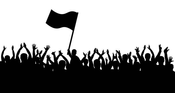 Crowd of people silhouette. Sports fans. People cheerful. Man with flag - Vector, Image