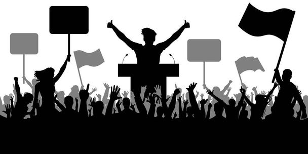  Arte oratoria, politica. Una folla di persone che manifestano silhouette. Dimostrazione isolata su sfondo bianco, vettore
 - Vettoriali, immagini