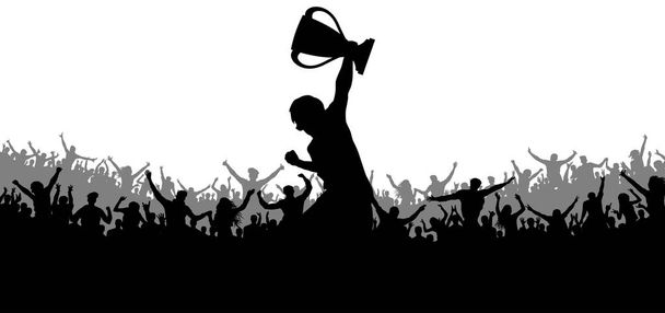 スポーツ優勝カップ。歓声を上げる群衆ファン シルエット - ベクター画像