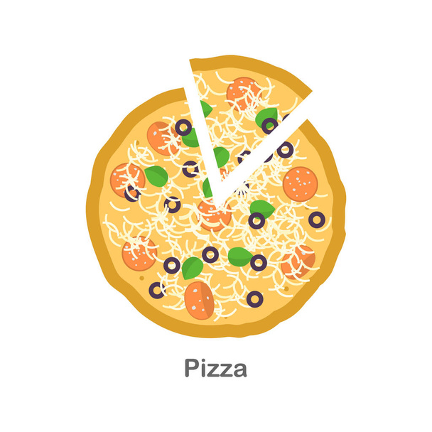 Pizza plate et tranche de pois. Pizza design simple avec saucisse, fromage et olives
 - Vecteur, image