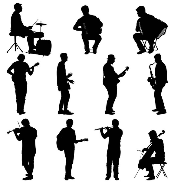 Siluetas músicos callejeros tocando instrumentos sobre un fondo blanco
 - Vector, imagen