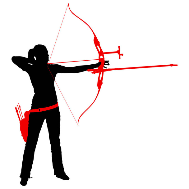 Silueta atractiva arquera femenina doblando un arco y apuntando en el objetivo
 - Vector, imagen
