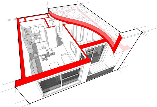 Перспективная вырубка двухкомнатной квартиры, полностью обставленной плоской крышей
  - Вектор,изображение