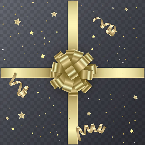 Gold-Geschenkband mit realistischer Schleife. Geschenkelement für das Kartendesign. Urlaub Hintergrund, Vektorillustration - Vektor, Bild