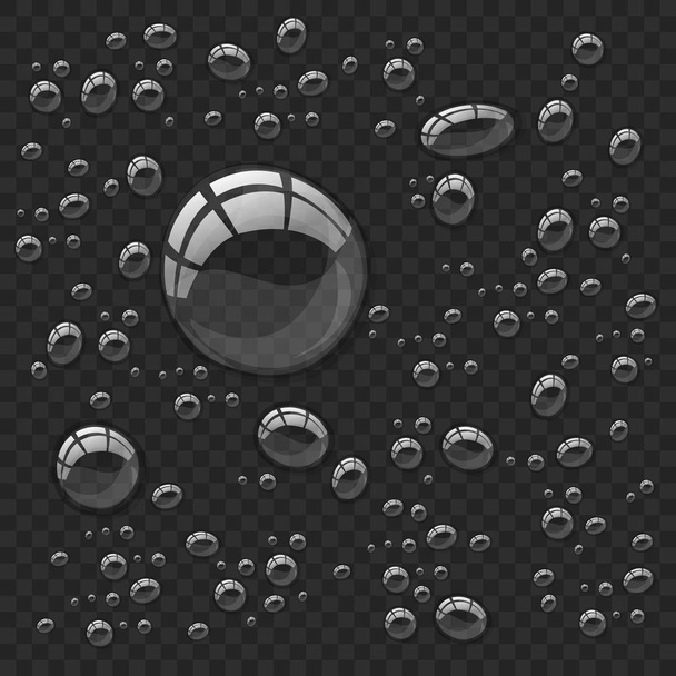 Прозрачные капли воды, изолированные на темном прозрачном фоне
 - Вектор,изображение