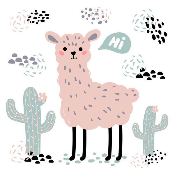 Cartoon lama alpaca rosa, cactus e hi text
 - Vettoriali, immagini