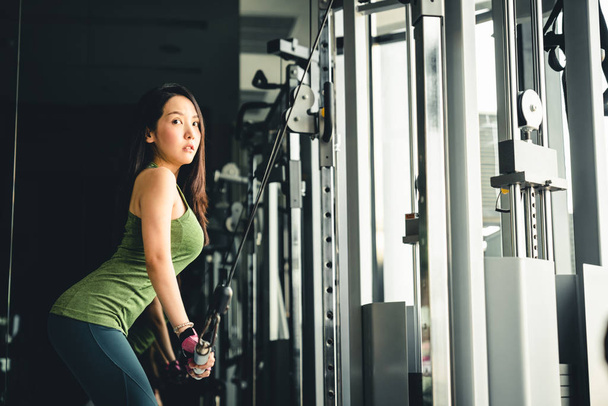 Sexy young Asian girl exercising at gym, training on pushdown cable machine, with copy space. Healthy lifestyle, sporty athletic woman, health club or fitness center advertisement concept - Photo, Image