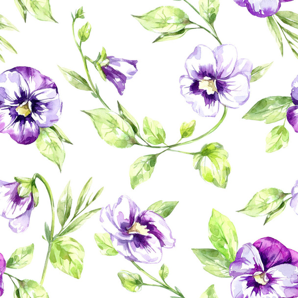 Seamless pattern Pansies flowers and leaves. Summer and spring watercolor illustration. Botanical texture. Fresh and bright design. Can be used for a poster, printing on fabric. - Fotó, kép