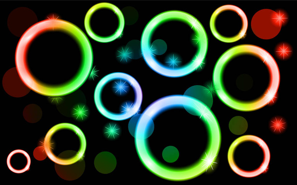 Abstract, multicolored, neon, shiny, bright, glowing circles, balls, bubbles, light spots with stars on a black background. Vector illustration. - Вектор, зображення