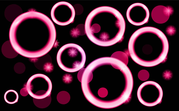 Abstract, multicolored, neon, shiny, bright, pink, purple, glowing circles, balls, bubbles, light spots with stars on a black background. Vector illustration. - Vector, imagen