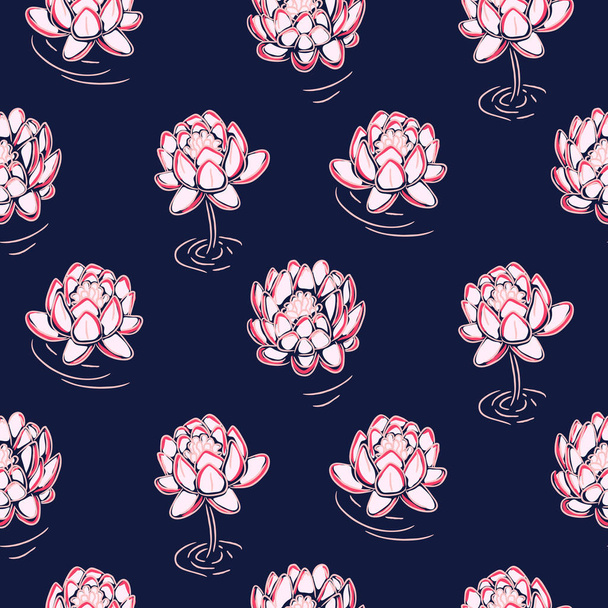 Lotus pink on dark blue vector seamless pattern. - Вектор,изображение