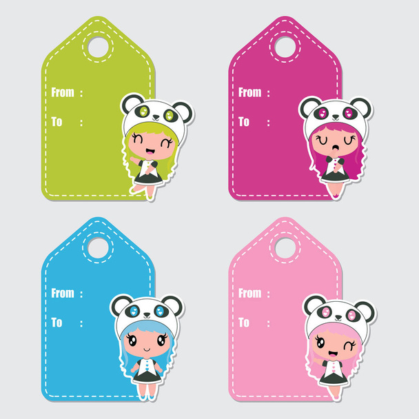 Cute colorful panda girls vector cartoon illustration for Birthday gift tags design, postcard and sticker set - Vector, Imagen