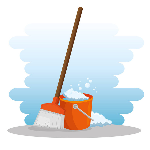 cleaning supplies with bucket and broom - Vector, Image