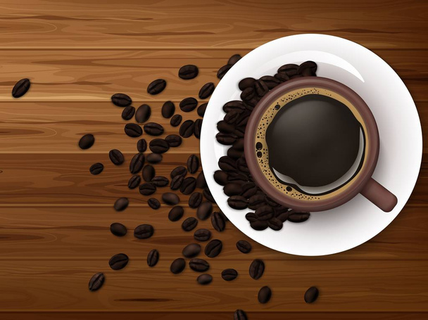 Ilustración vectorial de taza de café con granos de café sobre fondo de madera marrón
 - Vector, Imagen