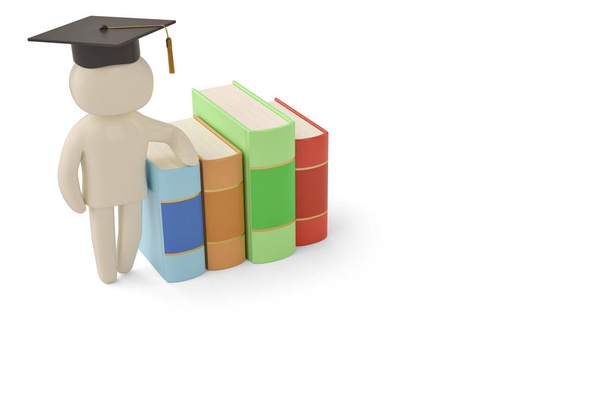 A mortarboard on man character and books 3d illustration. - Photo, Image