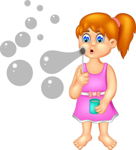 funny girl cartoon standing with playing soap bubble - Vector, Image