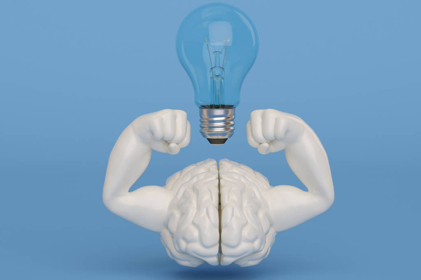 Yaratıcı 3d çizim güçlü kas beyin ve ampul - Fotoğraf, Görsel