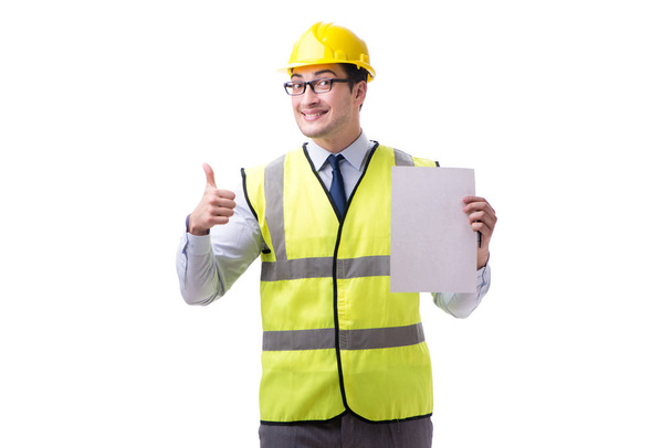 Construction supervisor with blank sheet isolated on white backg - Foto, Imagen