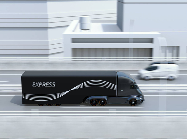 Zijaanzicht van zwarte zelf elektrische semi vrachtwagen en busje rijden op snelweg. 3D rendering beeld. - Foto, afbeelding