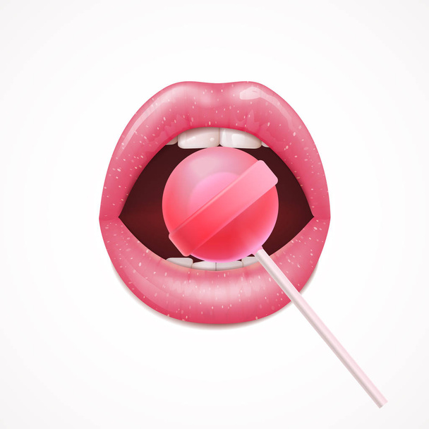 Lips With Lollipop Realistic Composition - Vector, Image