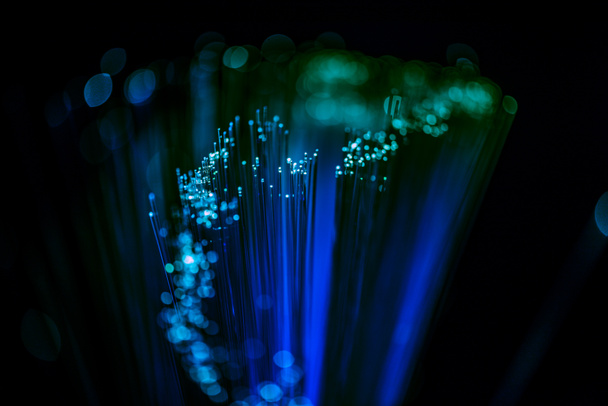 selective focus of glowing blue fiber optics texture background - Photo, Image