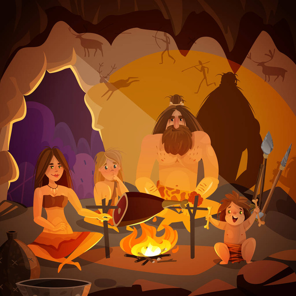 Caveman Family Cartoon Illustration - Vector, Image