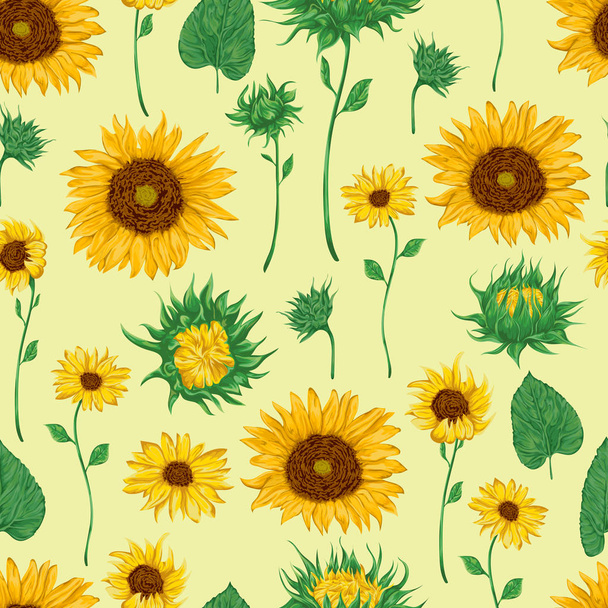 Seamless pattern with sunflowers. Flowers, buds and leaf. Vintage vector illustration in watercolor style. - Vector, Imagen