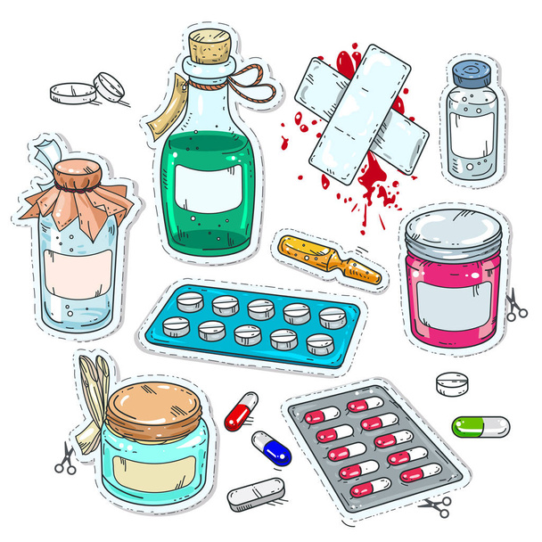 κωμικό στυλ εικονίδια, φάρμακα, μπουκάλια φαρμάκων - Διάνυσμα, εικόνα