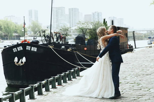 Classy groom and bride in luxurious dress pose before the river Seine somewhere in Paris - 写真・画像