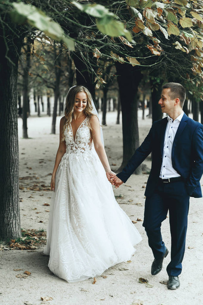 Cheerful newlyweds pose in a sunny park somewhere in Paris - Foto, immagini