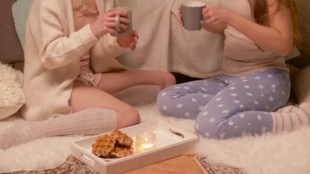 happy female friends at home pajama party - Video, Çekim