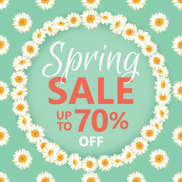 Spring sale banner with daisy chain and text on vintage blue background. - Wektor, obraz