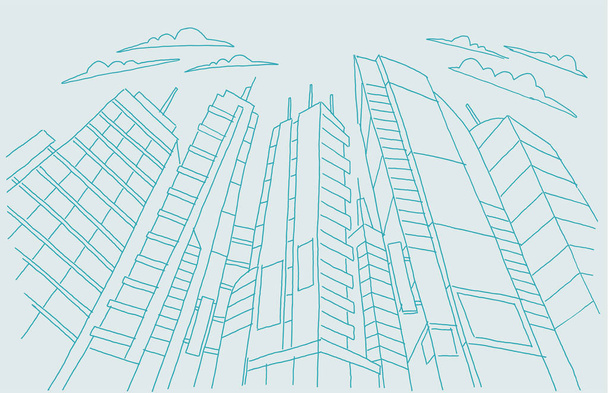 Big city felhőkarcoló vázlat épületek. Kék vonal csontváz stroke Modern építészet táj. Kézzel rajzolt vektor stock illusztráció. - Vektor, kép