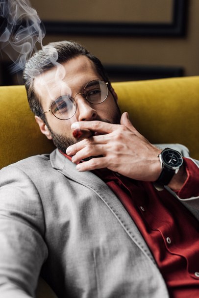 handsome bearded man smoking cigar on couch   - Zdjęcie, obraz