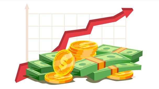 現金ベクトルの山。赤いグラフの概念を上昇します。ビジネスの成長。投資銀行の財政の成功。フラットの図を分離 - ベクター画像