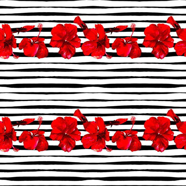 Hibiscus Seamless Pattern with Lines. - Φωτογραφία, εικόνα