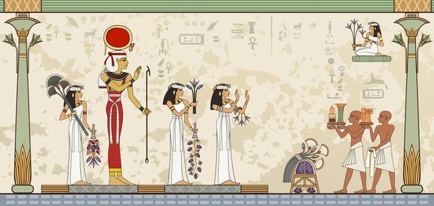 Τυποποιημένο φόντο του αρχαίου πολιτισμού. Τοιχογραφίες με αρχαία Αίγυπτο σκηνή αρχαίας Αιγύπτου πανό. Αιγυπτιακό Ιερογλυφικό και σύμβολο. Θεότητες. - Διάνυσμα, εικόνα