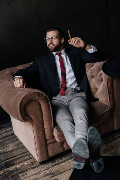 肘掛け椅子に座って葉巻でハンサムなスタイリッシュなビジネスマン - 写真・画像