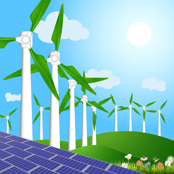 Векторная иллюстрация ветряных турбин с зелеными листьями и солнечными панелями для получения экологически чистой энергии
 - Вектор,изображение