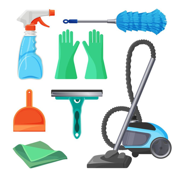 Σετ καθαρισμού εργαλεία λαστιχένια γάντια, βούρτσα για αφαίρεση σκόνης, - Διάνυσμα, εικόνα