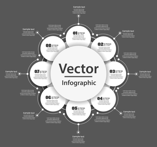 Шаблон інфографічного дизайну може бути використаний для компонування робочого процесу, діаграми, параметрів чисел, веб-дизайну. Інфографічна бізнес-концепція з 8 варіантами, частинами, кроками або процесами. Векторні eps 10
 - Вектор, зображення