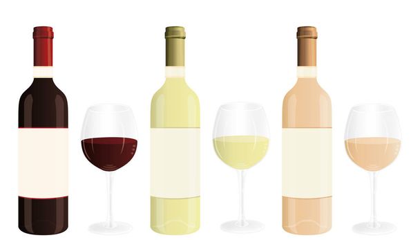 Červená, bílá a ros víno lahve a sklenice na víno izolovaných na bílém pozadí. Vektor marketing nápisu nebo ikony. Prázdné značky popisek Ii. - Vektor, obrázek