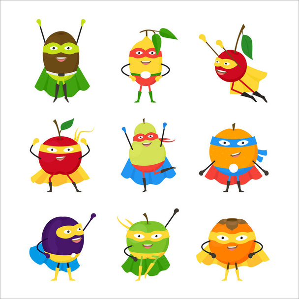 Cartoon Vegetables Superhero Characters Icon Set. Vector - Διάνυσμα, εικόνα