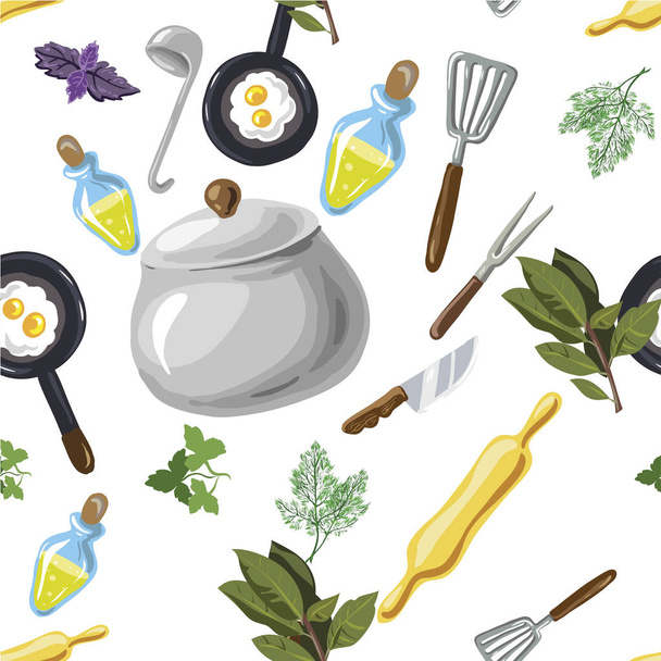 Kitchen utensils seamless pattern. Hand drawn pop-art cartoon style. Vector illustration - Vector, Imagen
