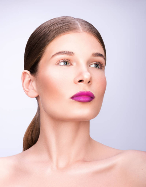 Beauty closeup portrait. Professional make-up, delicate clean skin - Фото, изображение